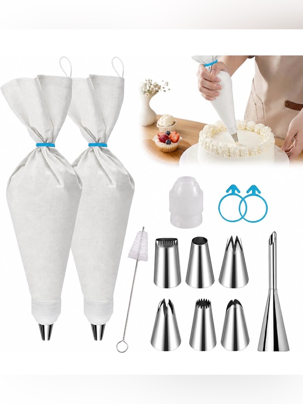 14~Reusable Piping Bags & Tips Set-16” Pastry Bags for Cake Decorating,Cupcake